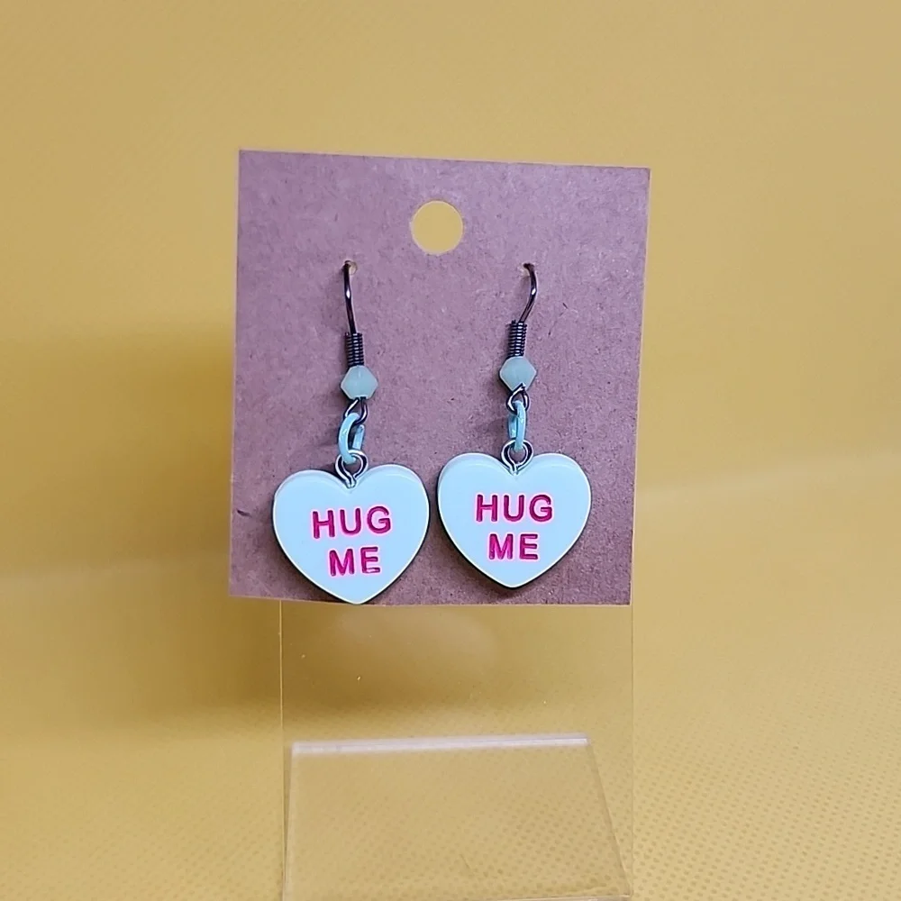 Valentine Teal "Hug Me" Conversation heart earrings - Picture 2 of 2